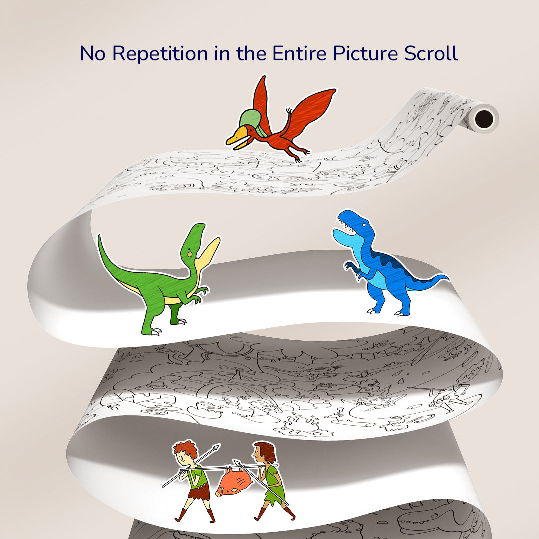 Giant jungle-themed coloring scroll with unique illustrations of dinosaurs and children, heavy-duty paper, soybean ink printed