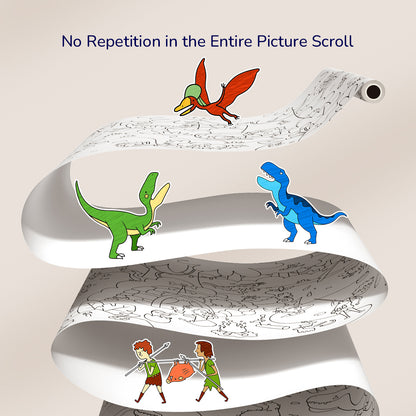 Giant jungle-themed coloring scroll with unique illustrations of dinosaurs and children, heavy-duty paper, soybean ink printed